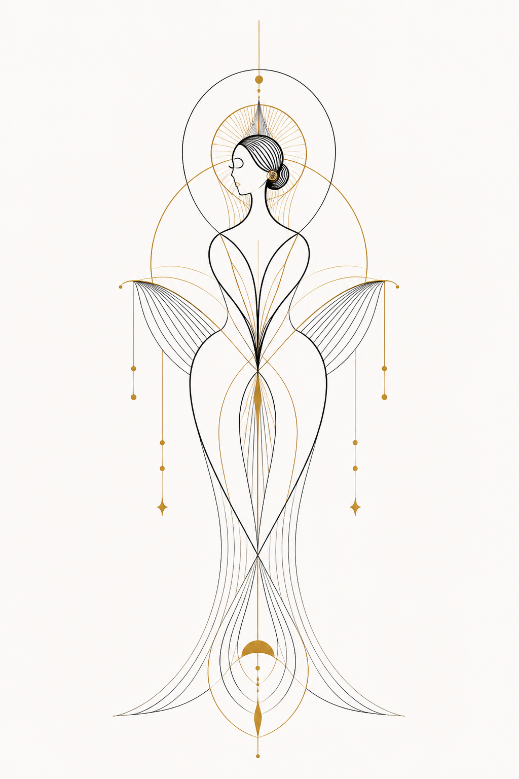 Abstract Art Deco muse drawn with black and burnished-gold hairlines